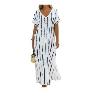 Noracora Abstract Stripe Maxi Dress Medium V-Neck Side Slit Black White NWT